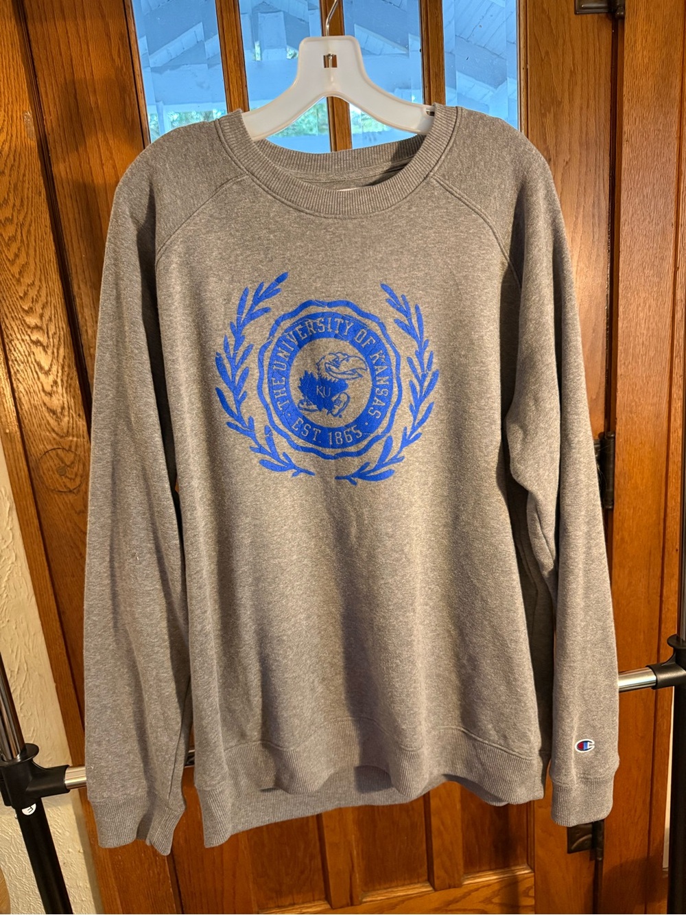 Champion Gray Crewneck with Kansas University Crest
